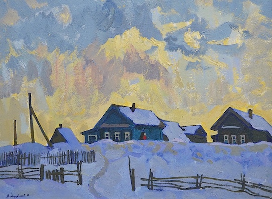 Yuri Matushevski (Russian, 1930-1999), oil on board, Snowy Russian landscape, signed and dated '66, 50 x 67cm. Condition - good